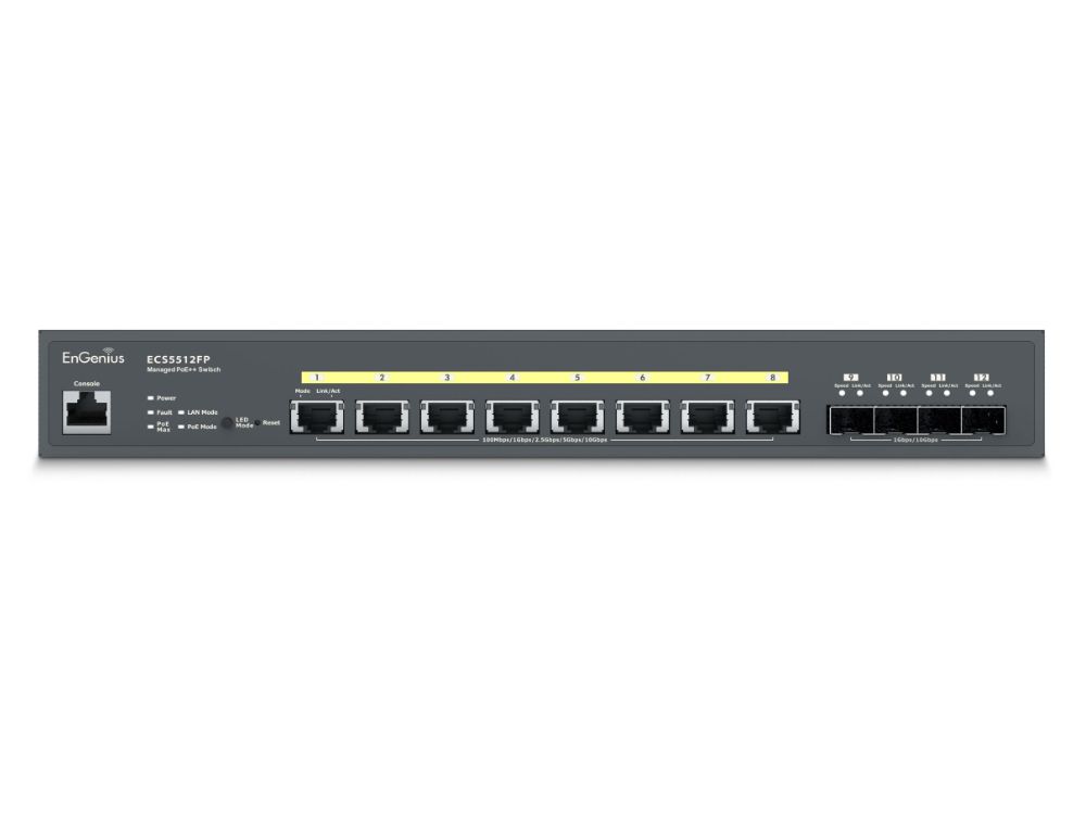 EnGenius CloudSwitch Aggregate 8XG Full PoE 8-poorts 10 Gigabit Managed Gigabit POE++ Switch (420W) voorkant 