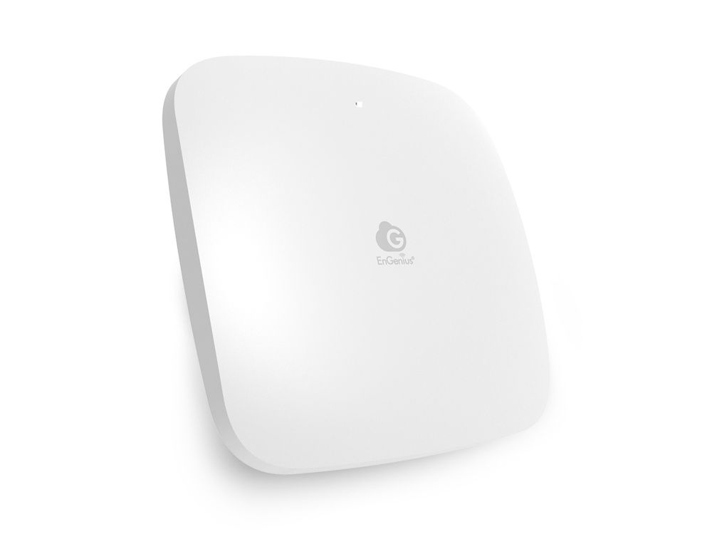 Het EnGenius Cloud6 2x2 ECW210L indoor WiFi 6 access point rechtopstaand met de linker zijkant naar voren