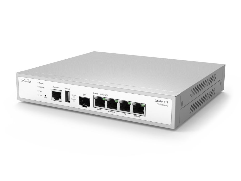 EnGenius FitGateway6 4G 1SFP gateway router met VPN en firewall schuin vooraanzicht met SFP, WWAN, WAN en LAN poorten