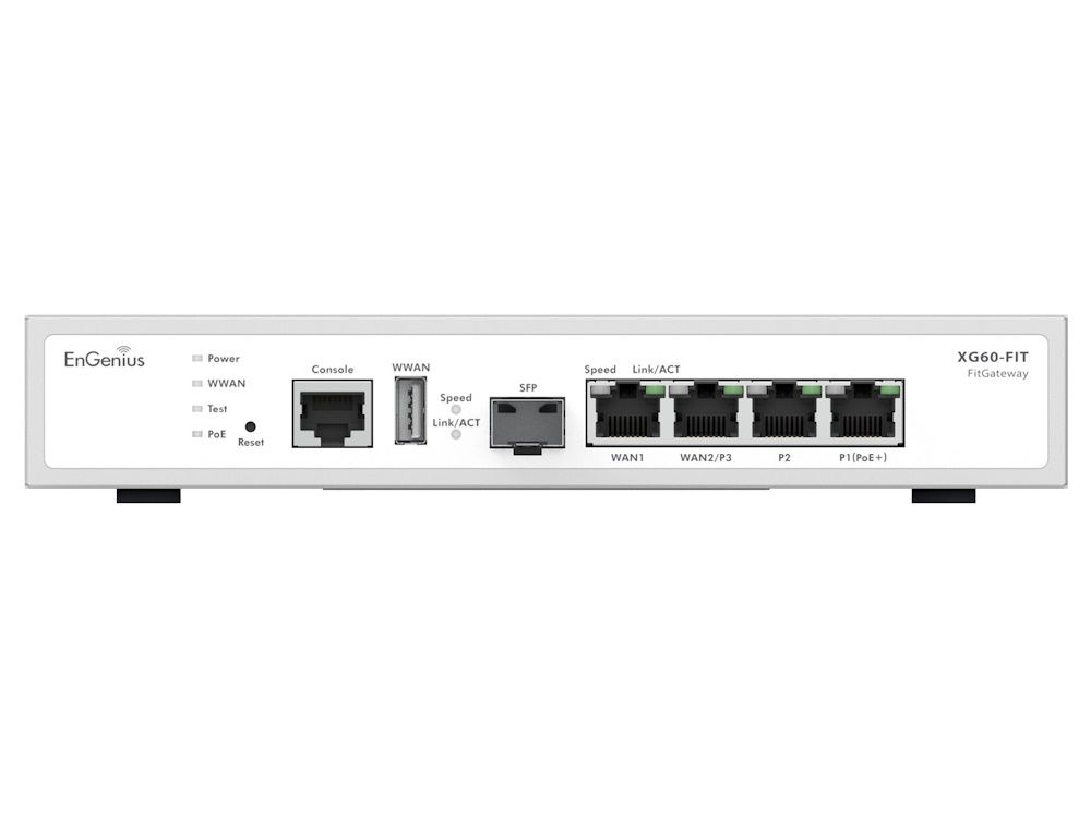 Aansluitingen en voorkant van de EnGenius FitGateway6 4G 1SFP gateway router met VPN en firewall