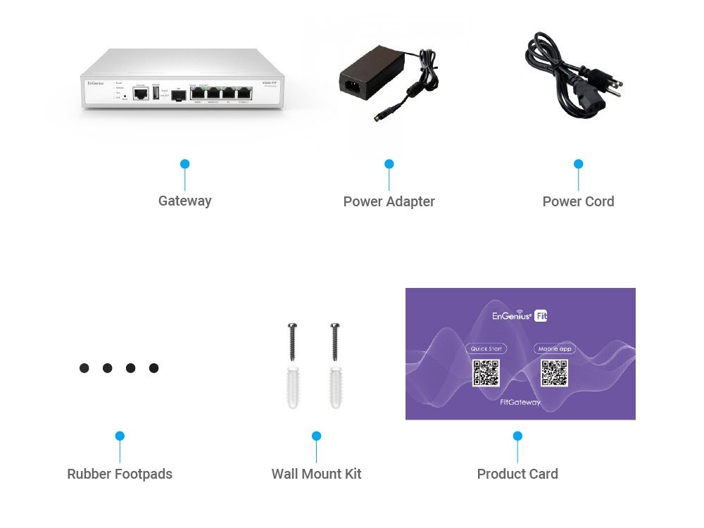 Verpakkingsinhoud van de EnGenius FitGateway6 4G 1SFP gateway router met VPN en firewall