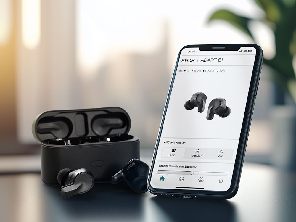De De EPOS Adapt E1 Scandinavian Black draadloze Bluetooth oortjes voor professionals op een donker bureau liggend voor de oplaadcase en naast een smartphone met EPOS Connect app