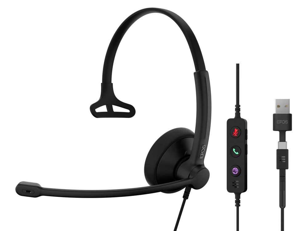 De EPOS IMPACT 100 MS Mono USB-C+A Teams headset met in-line call controle en USB-C naar USB-A adapter