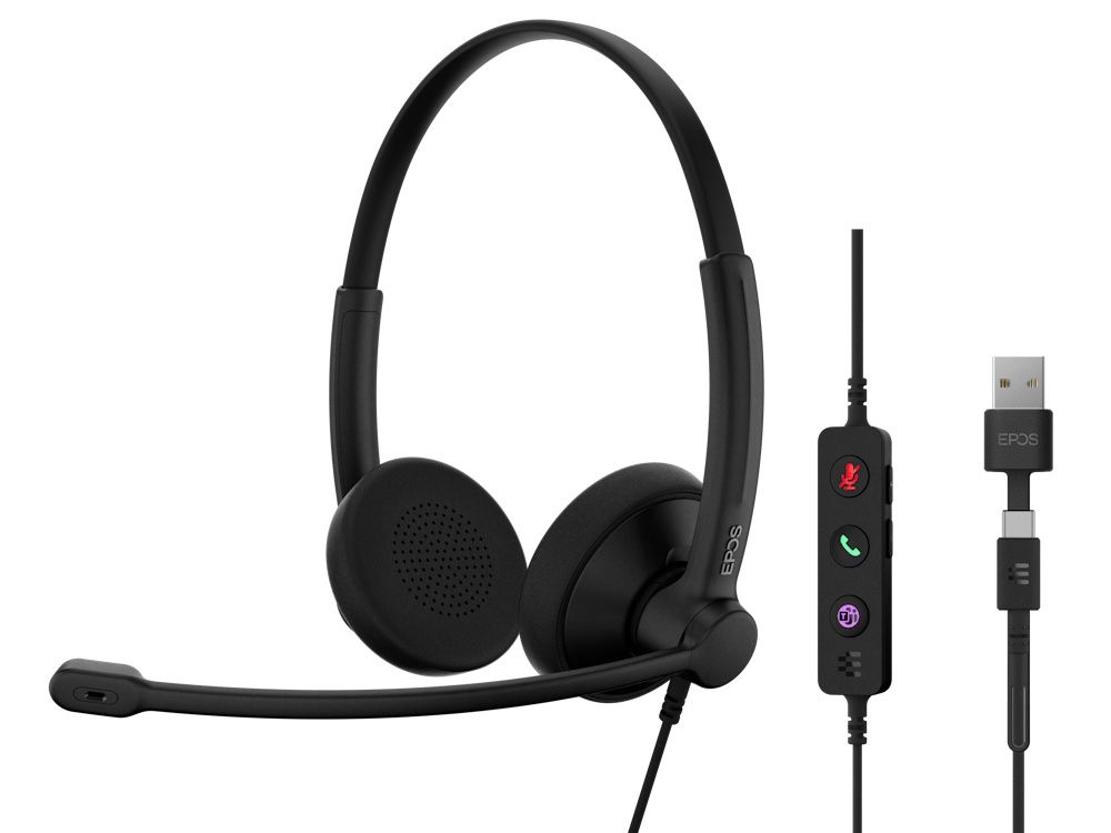 De EPOS IMPACT 100 MS Stereo USB-C+A Teams headset met in-line call controle en USB-C naar USB-A adapter