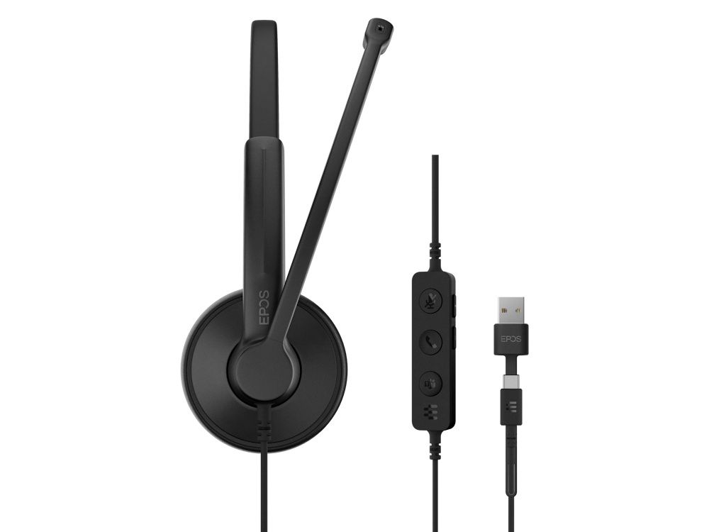 Zijkant van de EPOS IMPACT 100 MS Stereo USB-C+A Teams headset met USB-C naar USB-A adapter en call controle