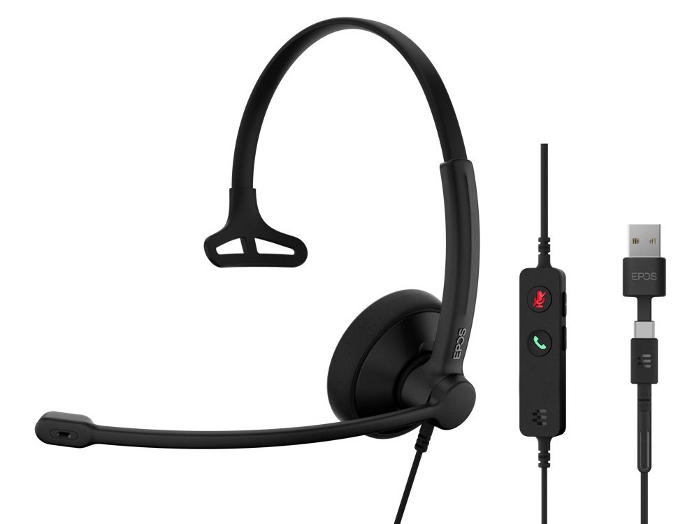 De EPOS IMPACT 100 UC Mono USB-C+A headset met in-line call controle en USB-C naar USB-A adapter