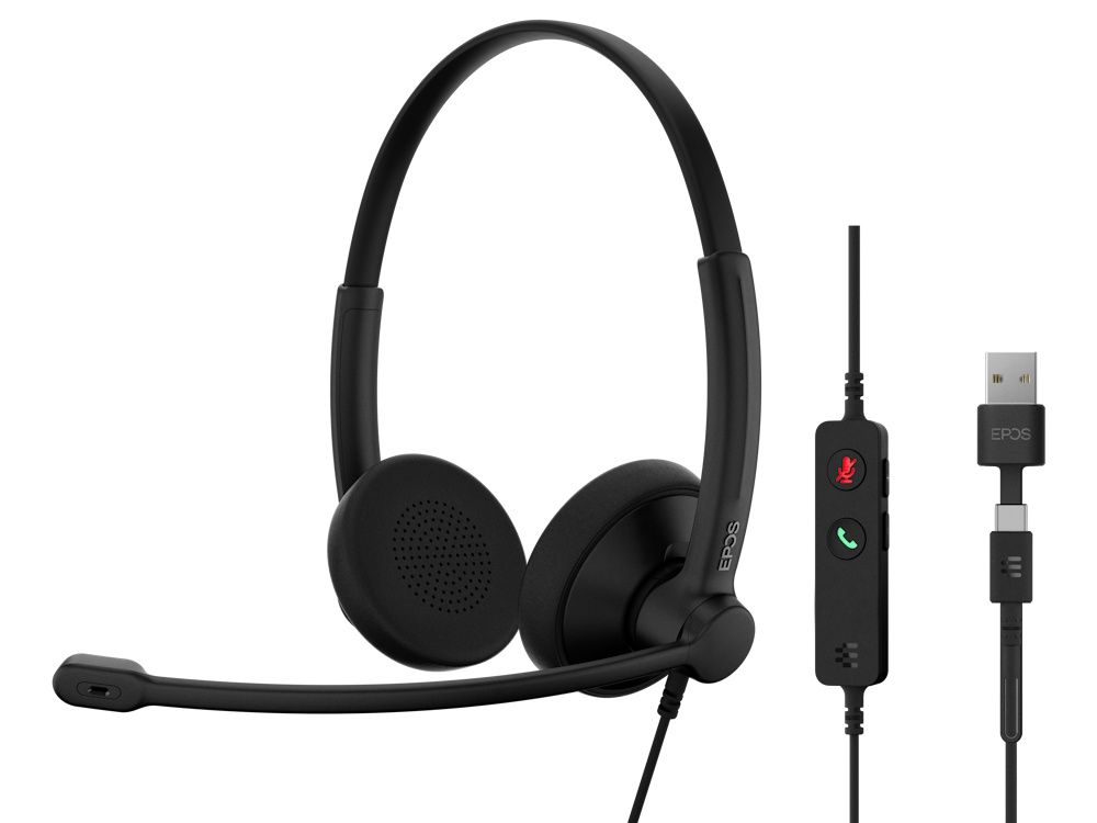 De EPOS IMPACT 100 UC Stereo USB-C+A headset met in-line call controle en USB-C naar USB-A adapter