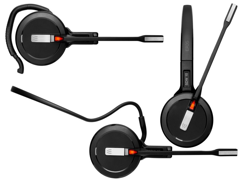 Drie draagstijlen van de EPOS IMPACT 5000 Go MS Mono 3-in-1 flexibele DECT headset met oorhaak en nekband en hoofdband