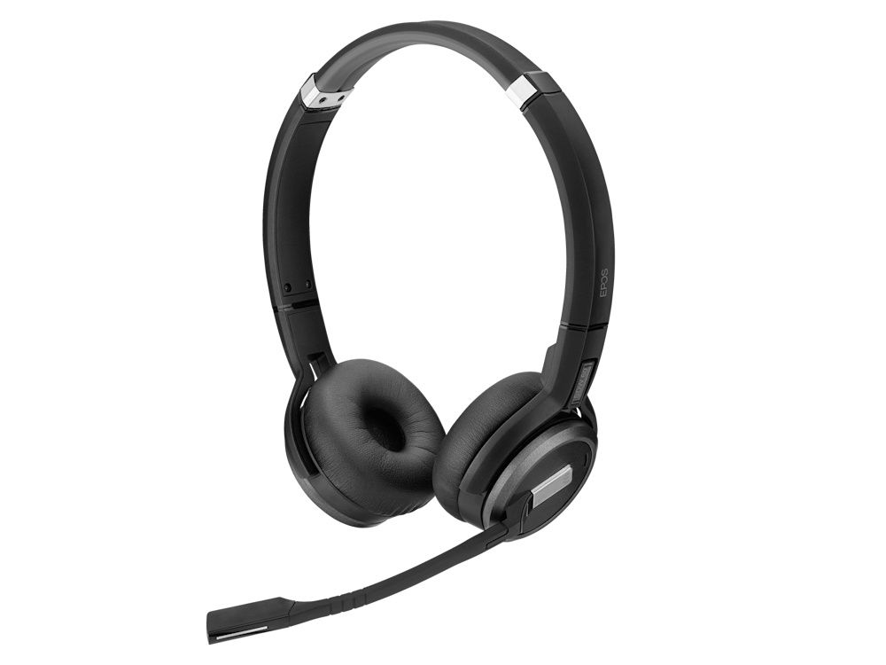 De EPOS IMPACT 5000 Go MS stereo DECT headset met uitgeklapte microfoon
