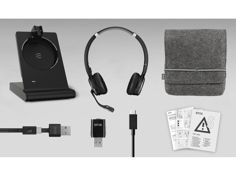 Verpakkingsinhoud van de EPOS IMPACT 5000 Go MS stereo DECT headset