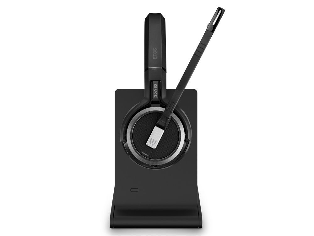 De EPOS IMPACT 5000 Go MS stereo DECT headset op de laadstandaard