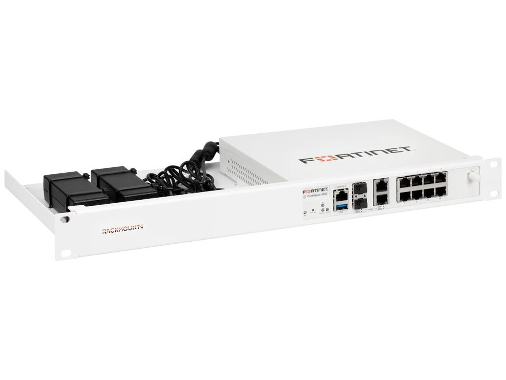 Voorkant en binnenkant van de RM-FR-T19 rackmount met daarin de Fortinet FortiGate 90G of FortiGate 91G geplaatst