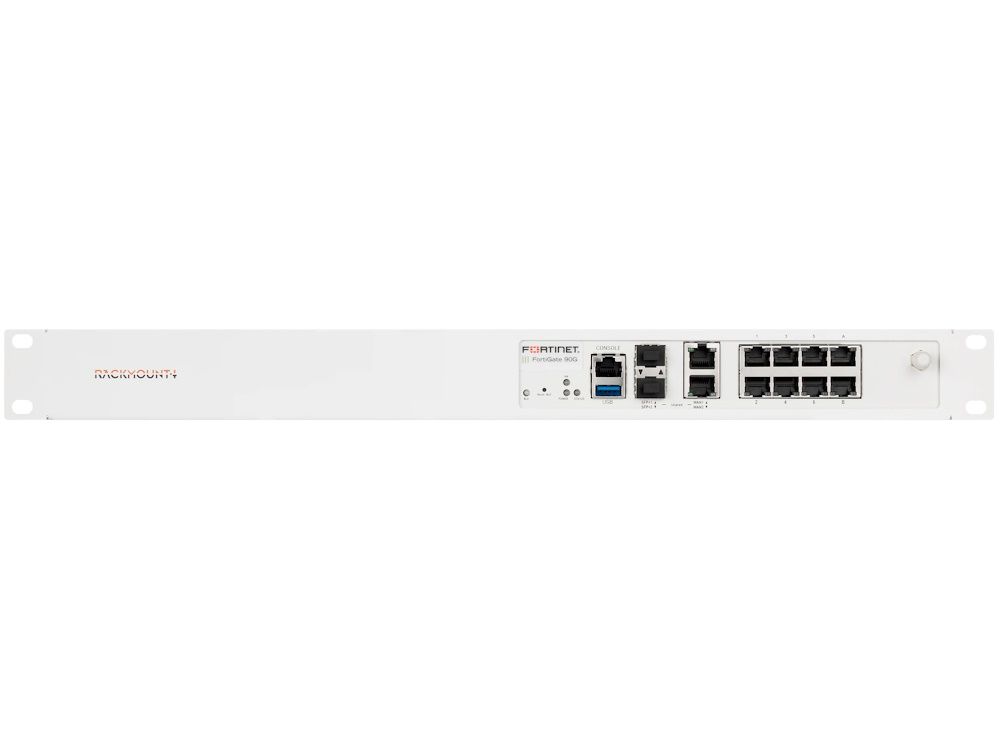 Voorkant van de RM-FR-T19 rackmount met openingen voor de poorten van de FortiGate 90G of FortiGate 91G