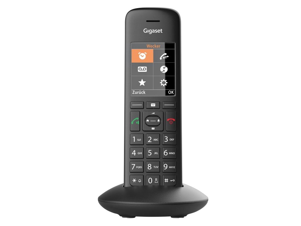 Voorkant van de Gigaset C570Hx handset met houder