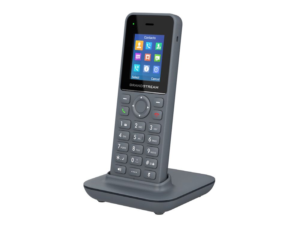 De Grandstream DP725 draadloze DECT handset schuin van rechtsvoor