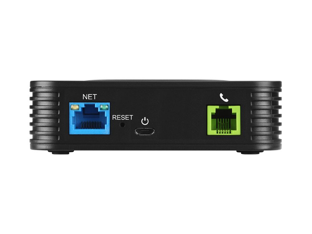 Zijkant van de Grandstream Handytone HT801 V2 VoIP Converter voor 1 telefoon met een FXS-poort en LAN-poort