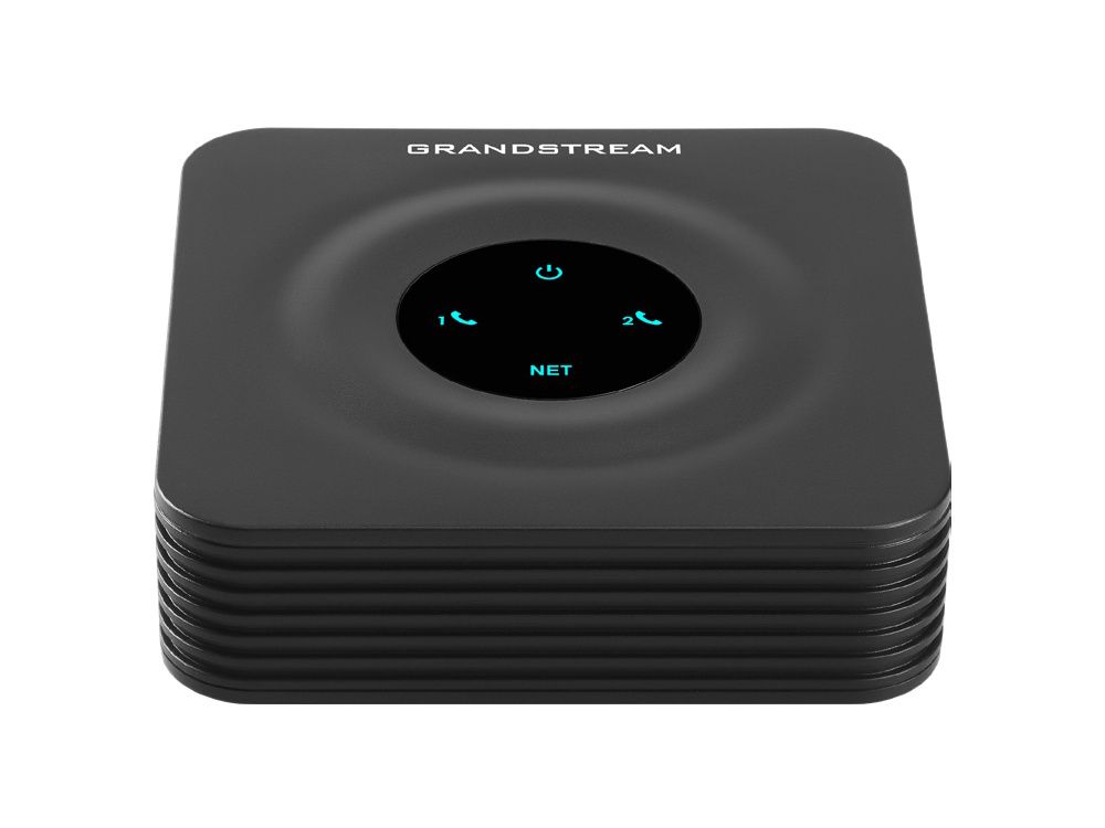 Voorkant en bovenkant van de Grandstream Handytone HT802 V2 VoIP Converter voor 2 telefoons