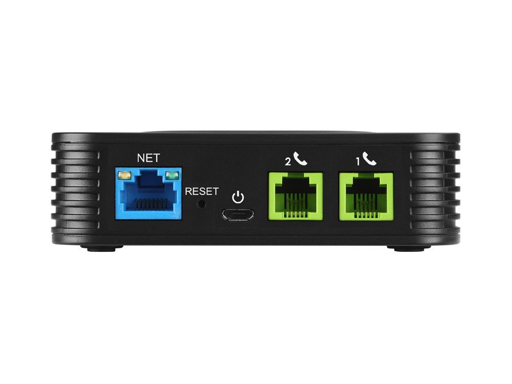 Voorkant van de Grandstream Handytone HT802 V2 VoIP Converter voor 2 telefoons met 2 FXS-poorten en een LAN-poort