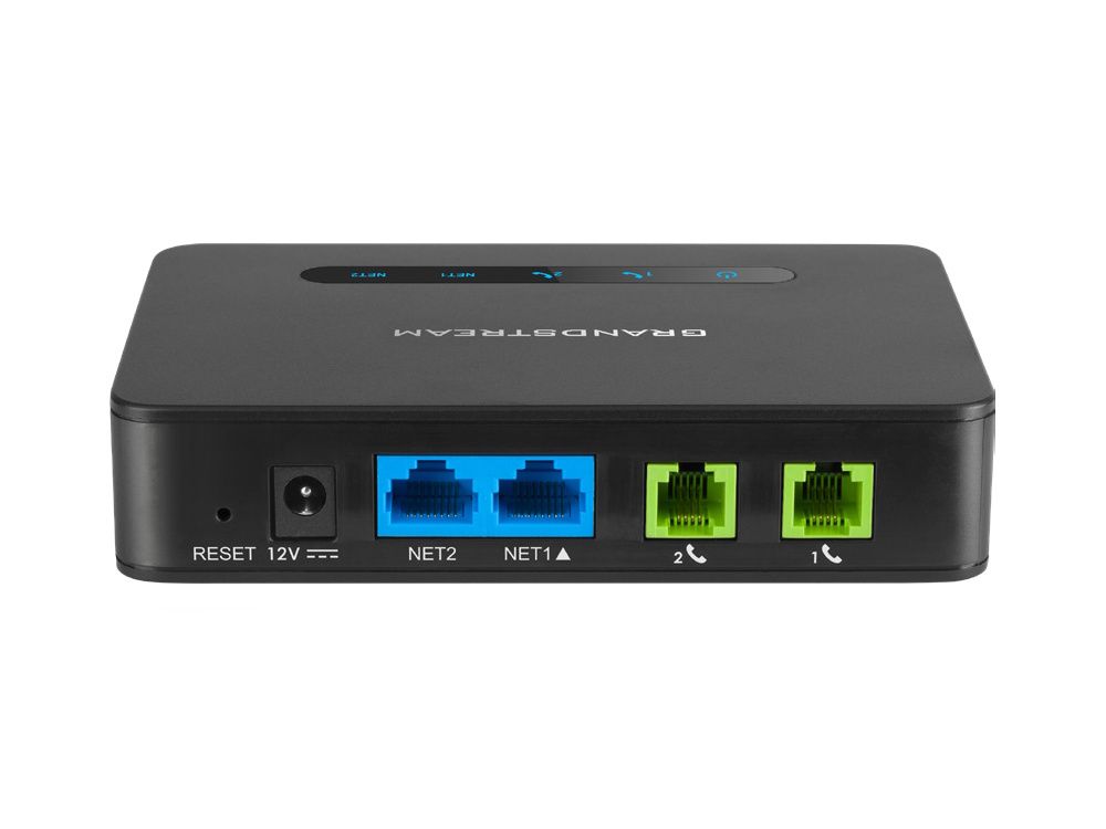FXS-poorten en LAN-poorten van de Grandstream Handytone HT812 V2 VoIP Converter voor 2 telefoons