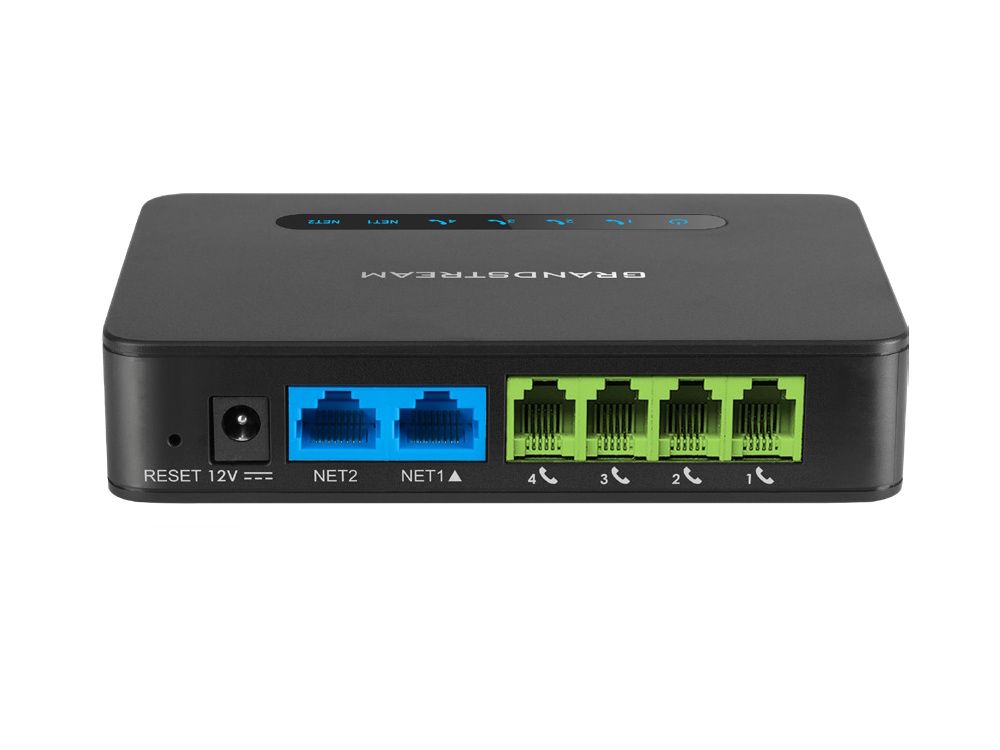 Voorkant van de Grandstream Handytone HT814 V2 VoIP Converter voor 4 telefoons met de 4 FXS-poorten en 2 LAN-poorten
