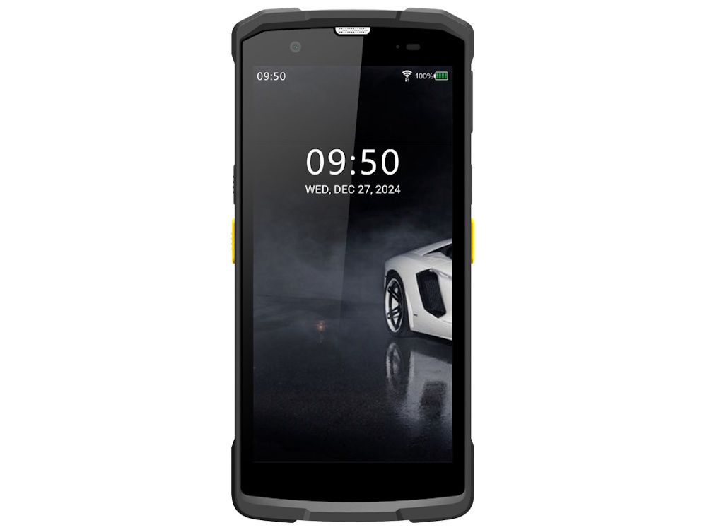 Voorkant van de Grandstream WP856 WiFi 6 IP-telefoon met barcodescanner en 5,5 inch scherm