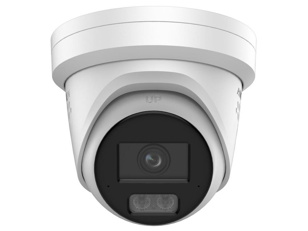 Voorkant van de Hikvision DS-2CD2347G3-LIS2UY/SL (2.8mm) 4K Smart Hybrid Light turret camera 2.8mm met stroboscoop en audio