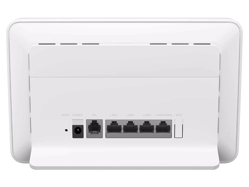 Achterkant van de Huawei B636-336 CAT13 4G+ router met WiFi 6 met de RJ11 telefoonpoort en de gigabit ethernetpoorten