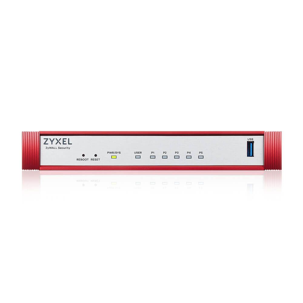Voorkant van de Zyxel USG FLEX 50H Firewall met USB poort en leds