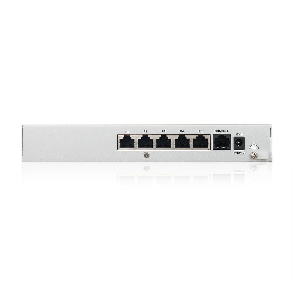 Achterkant van de Zyxel USG FLEX 50H Firewall met de console poort en de vijf Gigabit ethernetpoorten