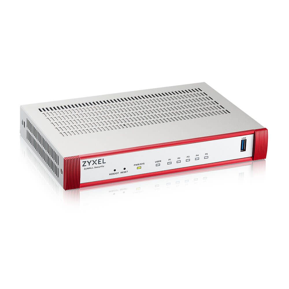 Bovenkant en linker zijkant en voorkant van de Zyxel USG FLEX 50H Firewall