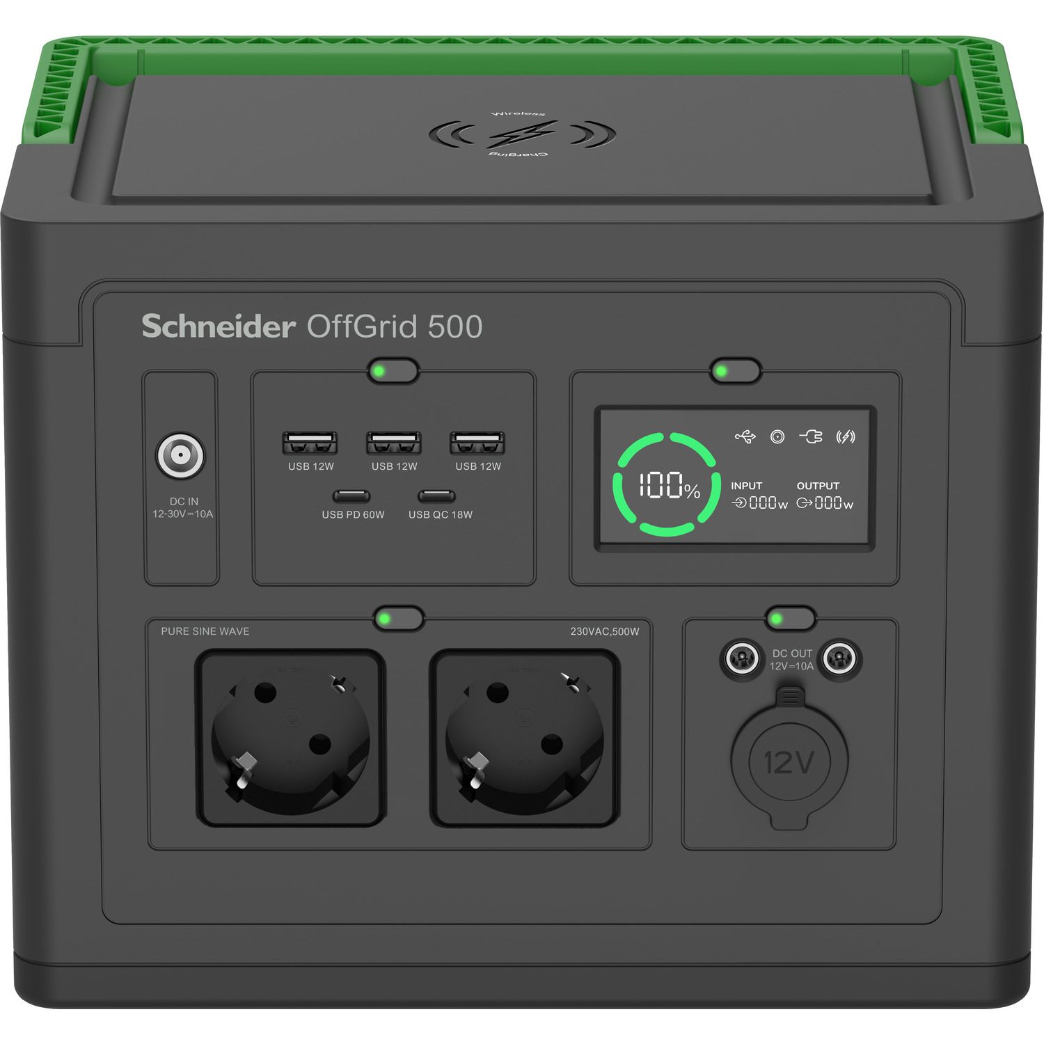 Voorkant van het APC PPS500-GR draagbare oplaadstation met stopcontacten en USB- en USB-C aansluitingen voor het opladen van apparatuur