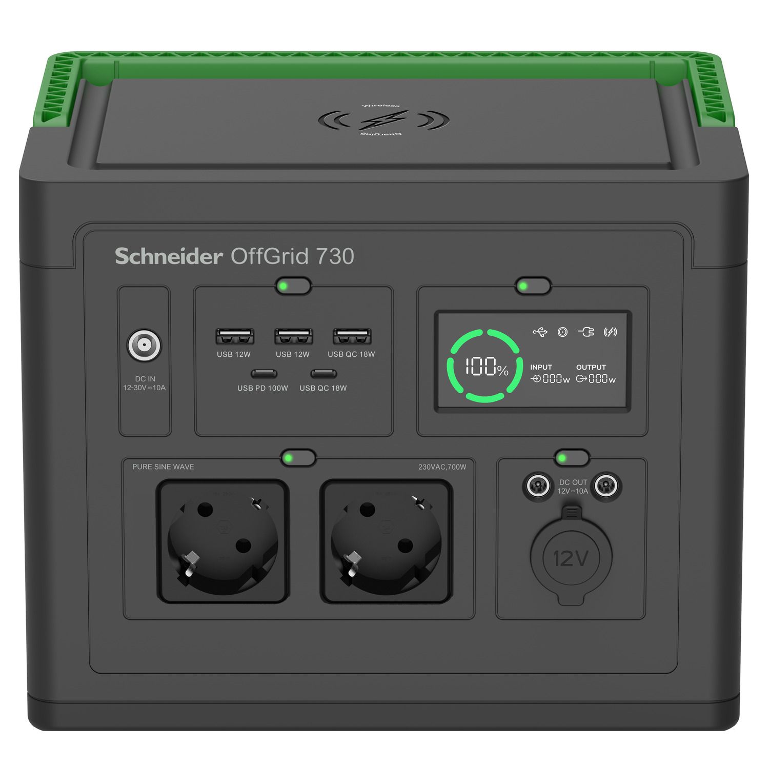 Voorkant van het APC PPS730-GR draagbare oplaadstation met stopcontacten en USB- en USB-C aansluitingen voor het opladen van apparatuur