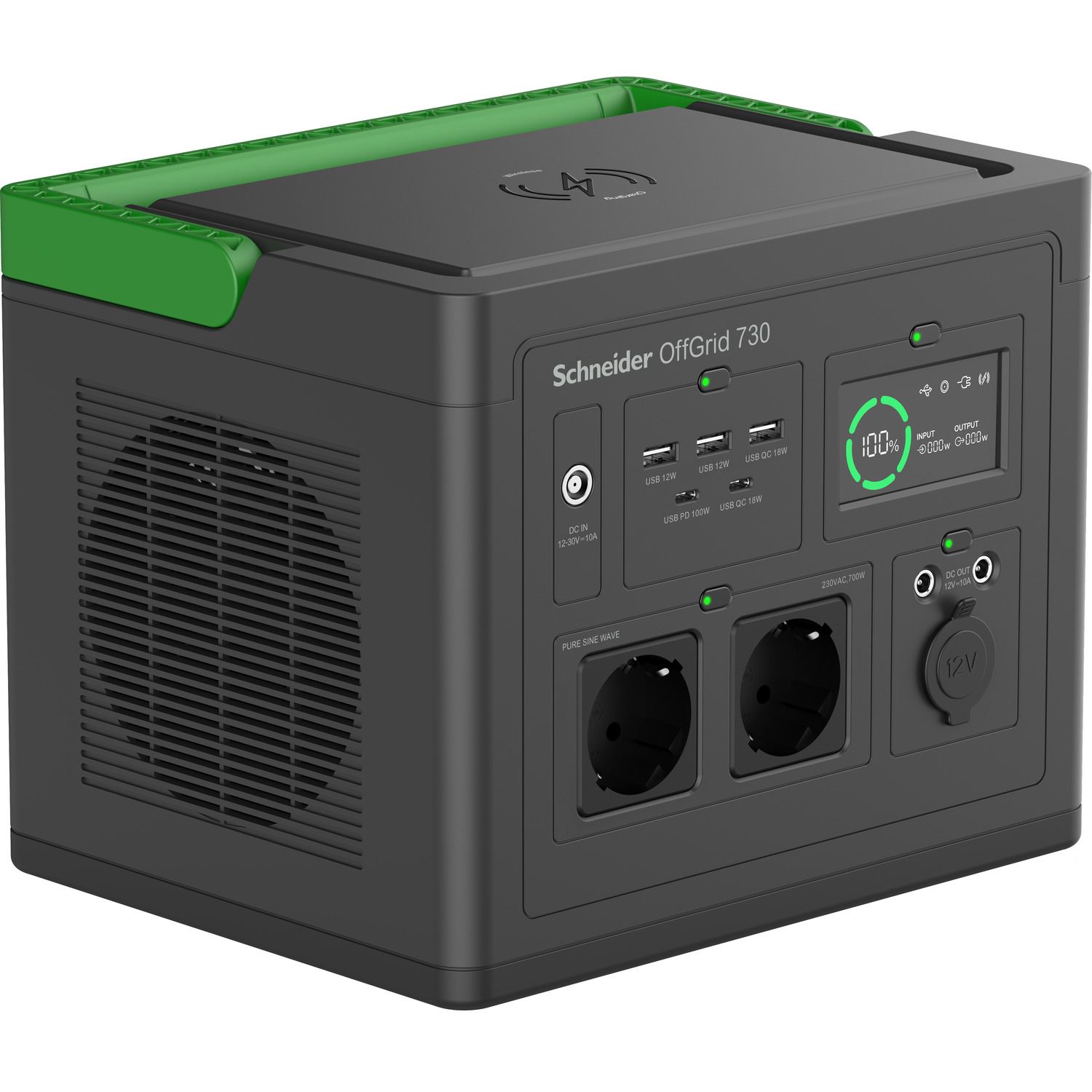 Voorkant van het APC PPS730-GR draagbare oplaadstation met alle oplaadaansluitingen en de zijkant met koeling