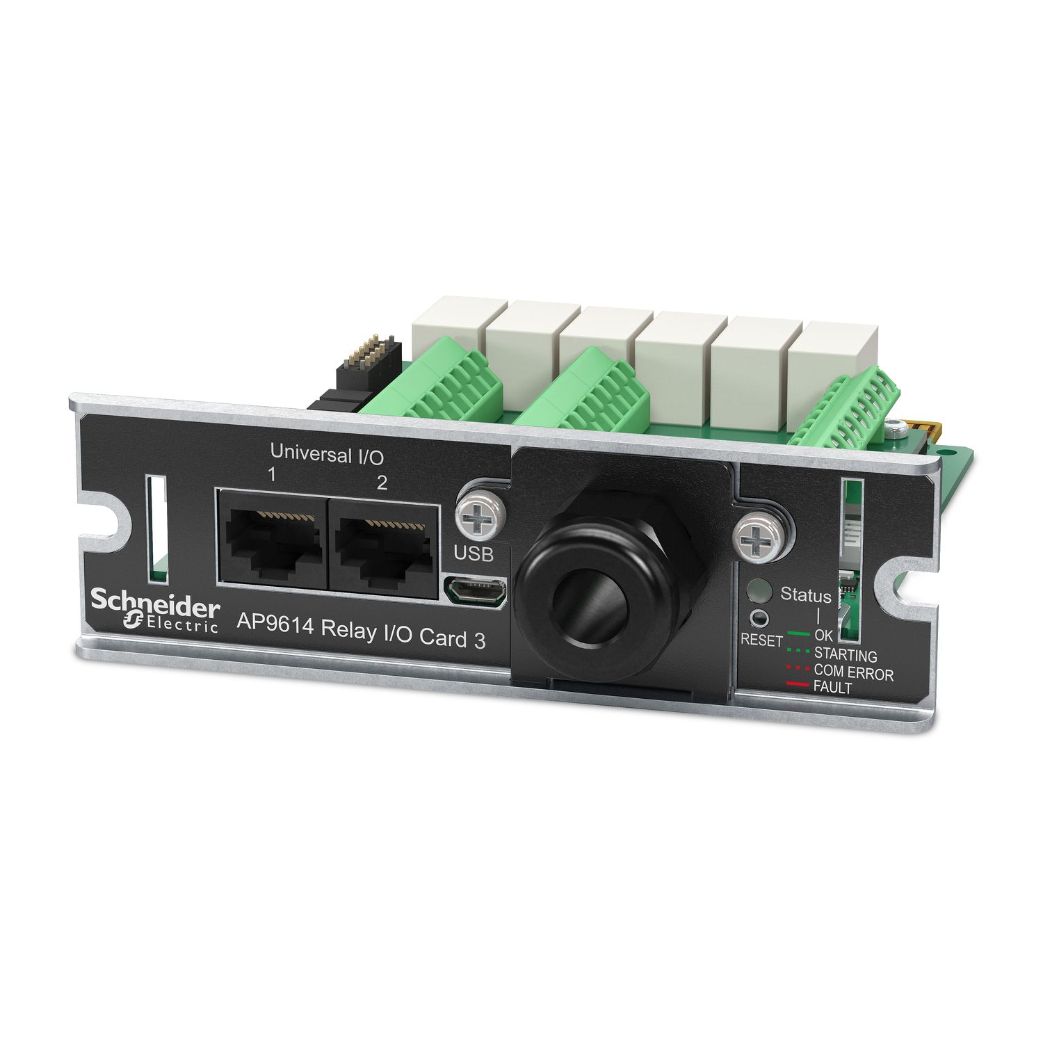 De APC AP9614 Dry Contact I/O Management kaart rechts van voren met diverse aansluitingen