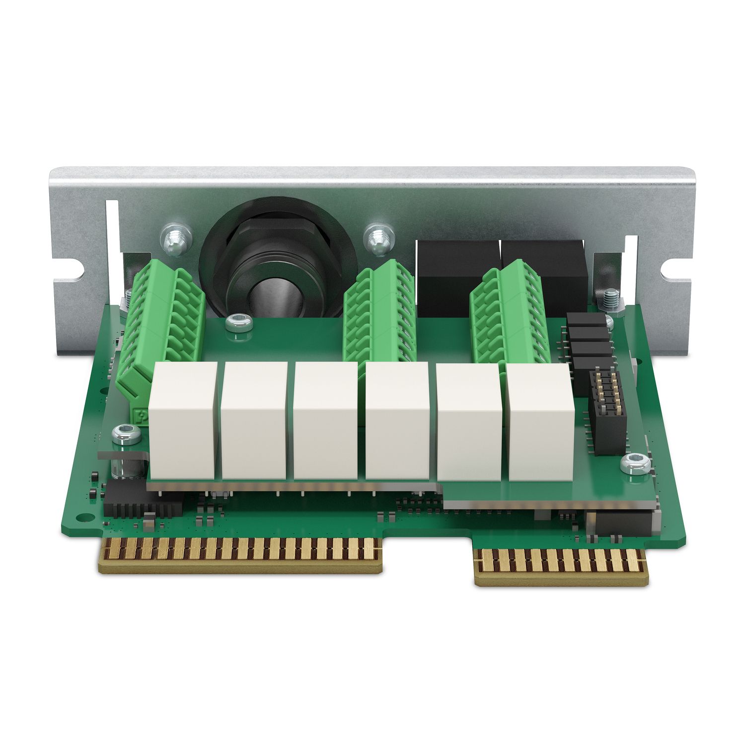 Achterkant van de APC AP9614 Dry Contact I/O Management kaart die je in de APC UPS steekt