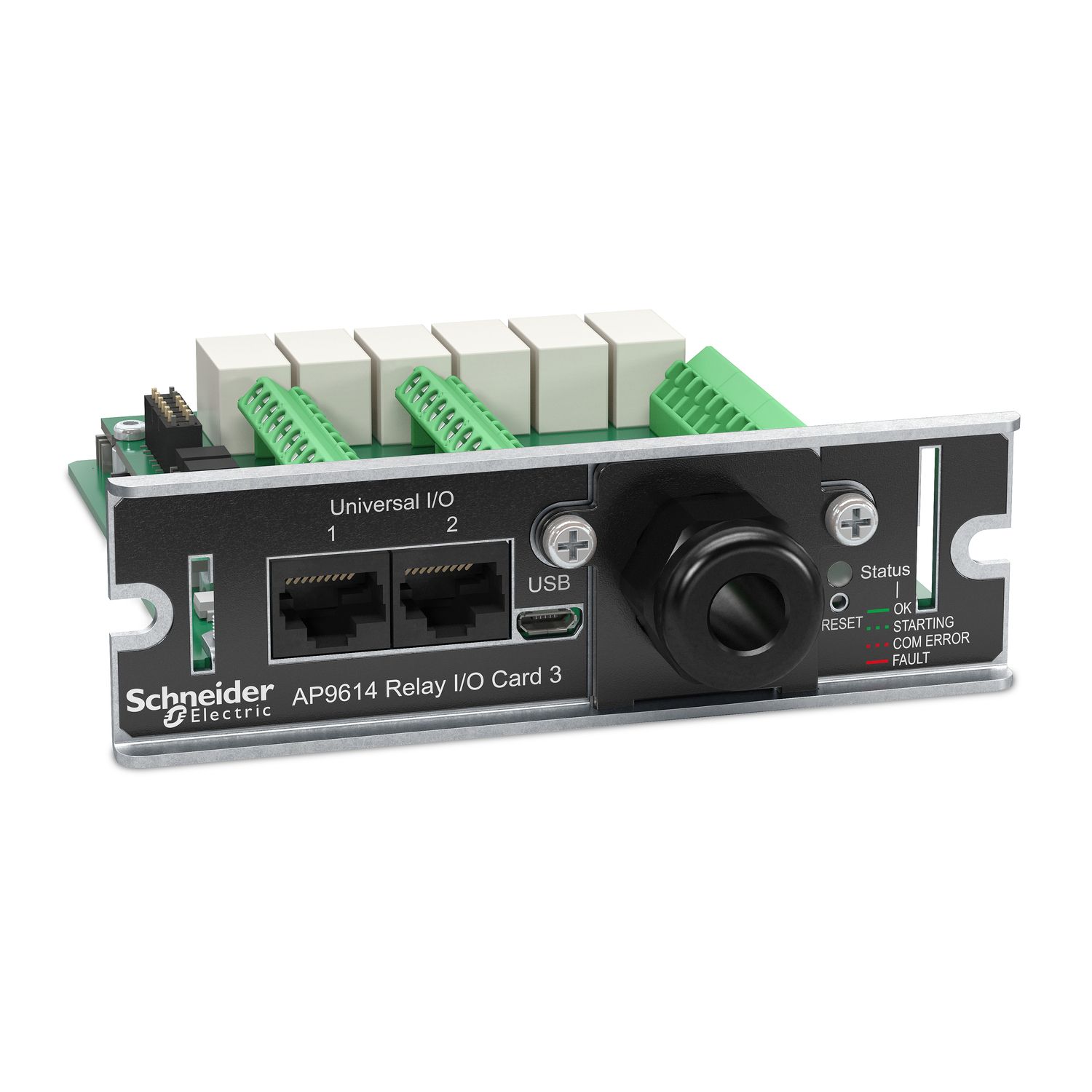 De voorkant van de APC AP9614 Dry Contact I/O Management kaart links schuin van voren