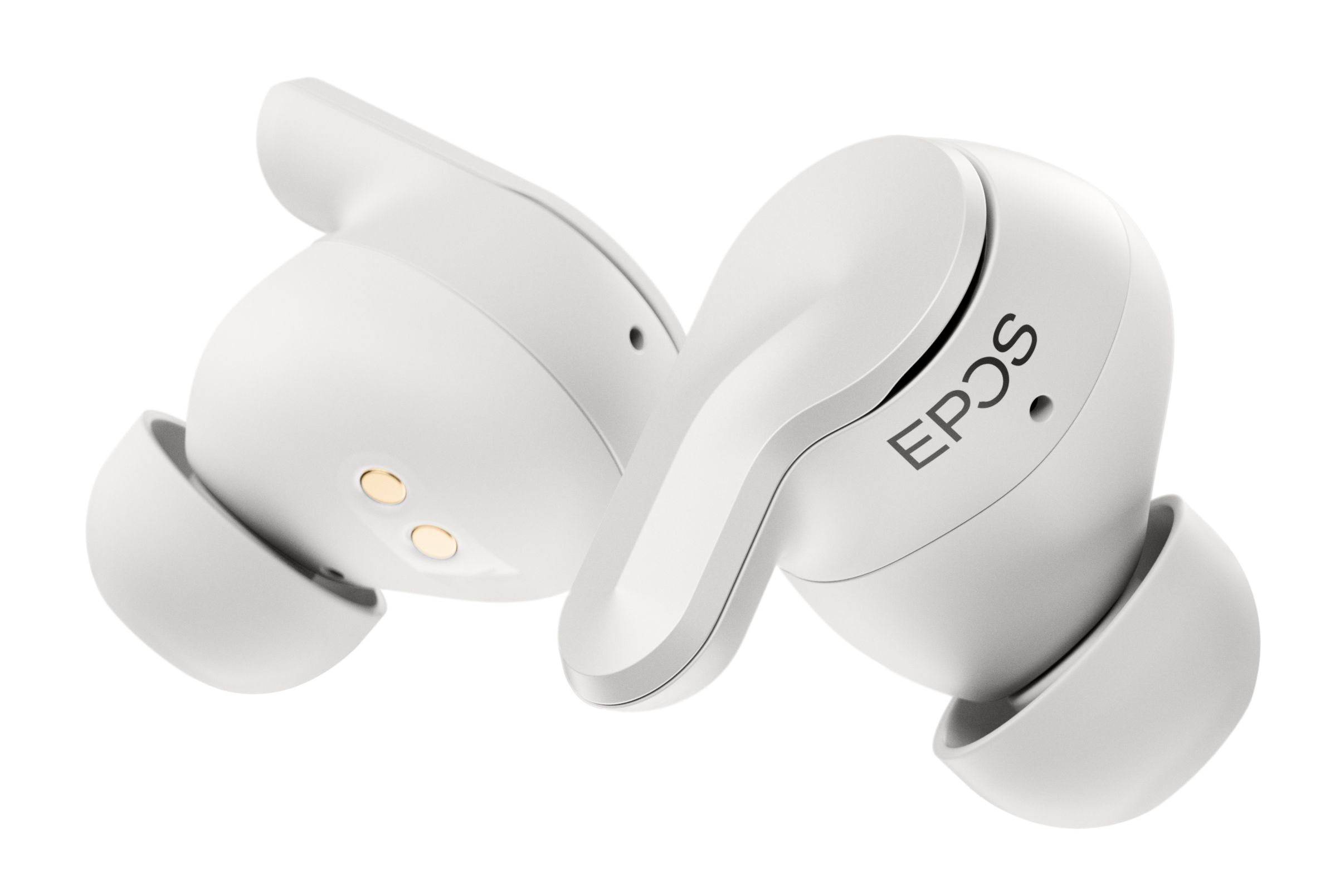 De losse EPOS Adapt E1 Nordic White draadloze Bluetooth oortjes voor professionals met het oplaadpunt en logo zichtbaar