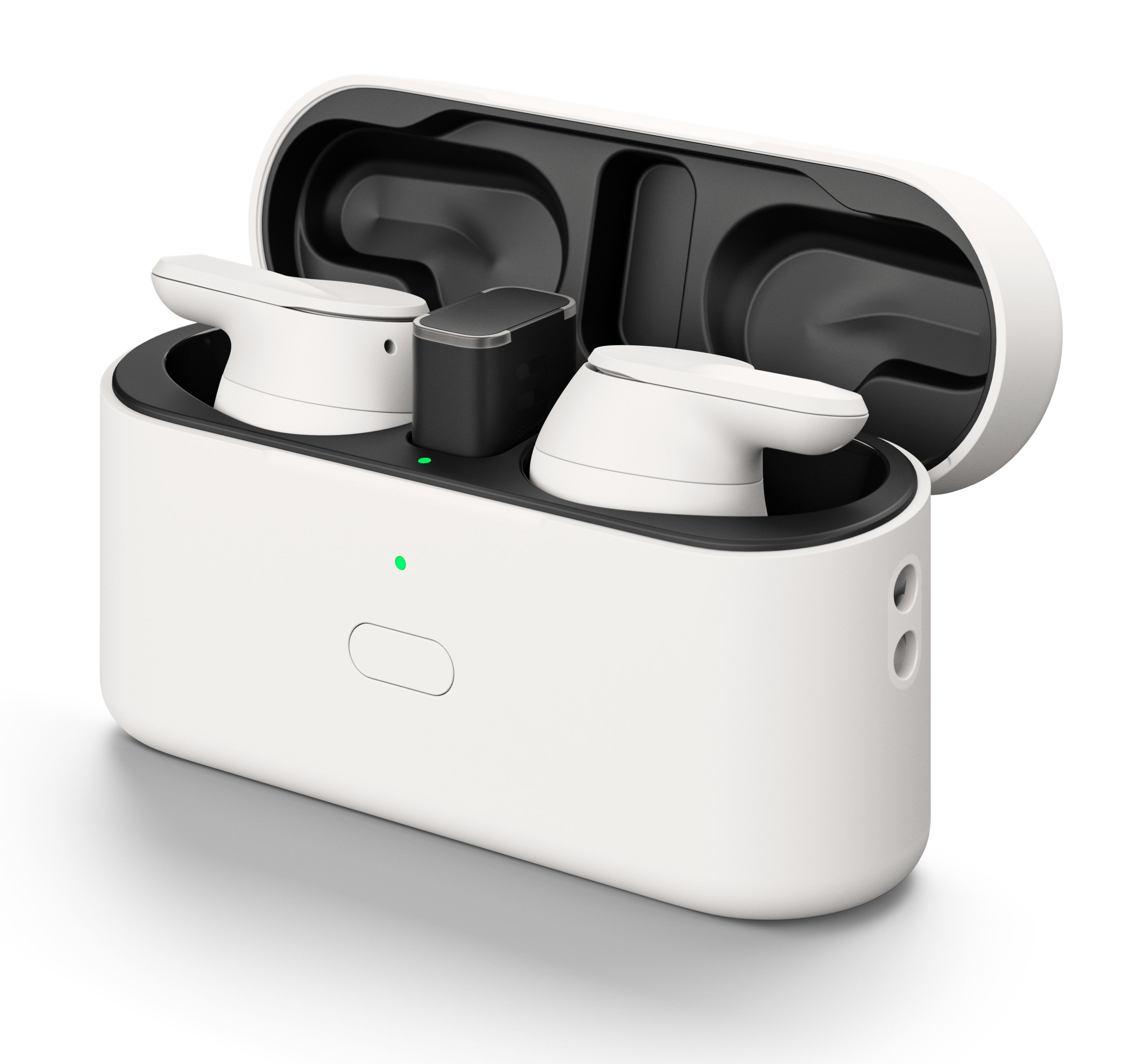 De EPOS Adapt E1 Nordic White draadloze Bluetooth oortjes voor professionals in de oplaadcase