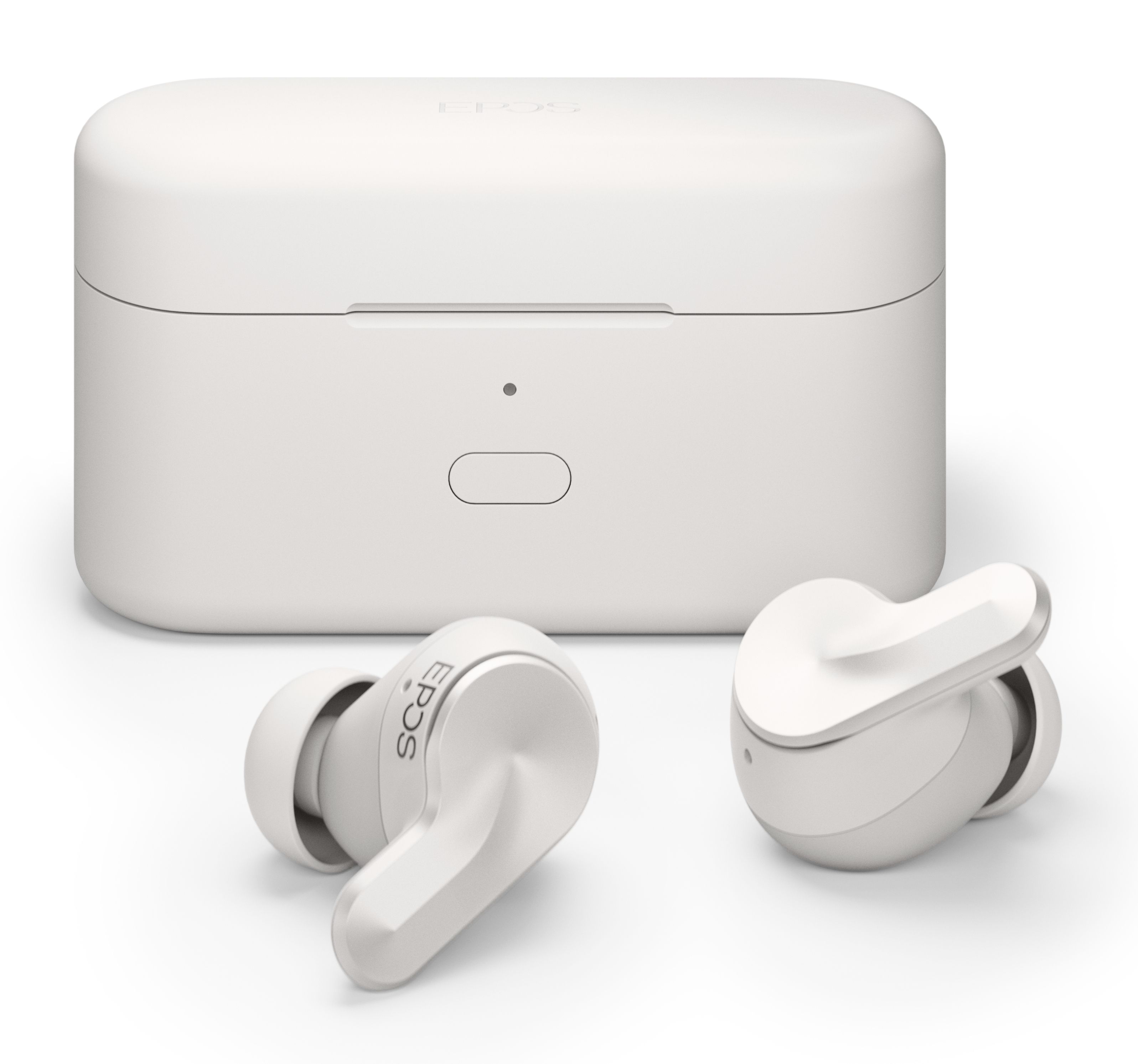 De EPOS Adapt E1 Nordic White draadloze Bluetooth oortjes voor professionals liggend voor de gesloten opbergcase en laadcase
