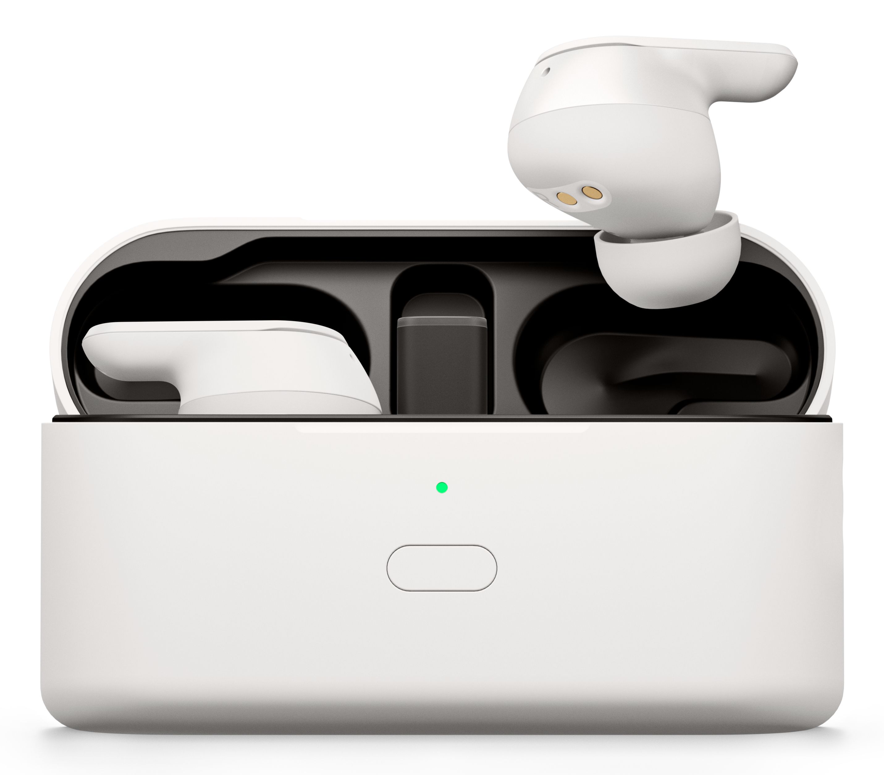 Een open laadcase met daarin de EPOS Adapt E1 Nordic White draadloze Bluetooth oortjes voor professionals