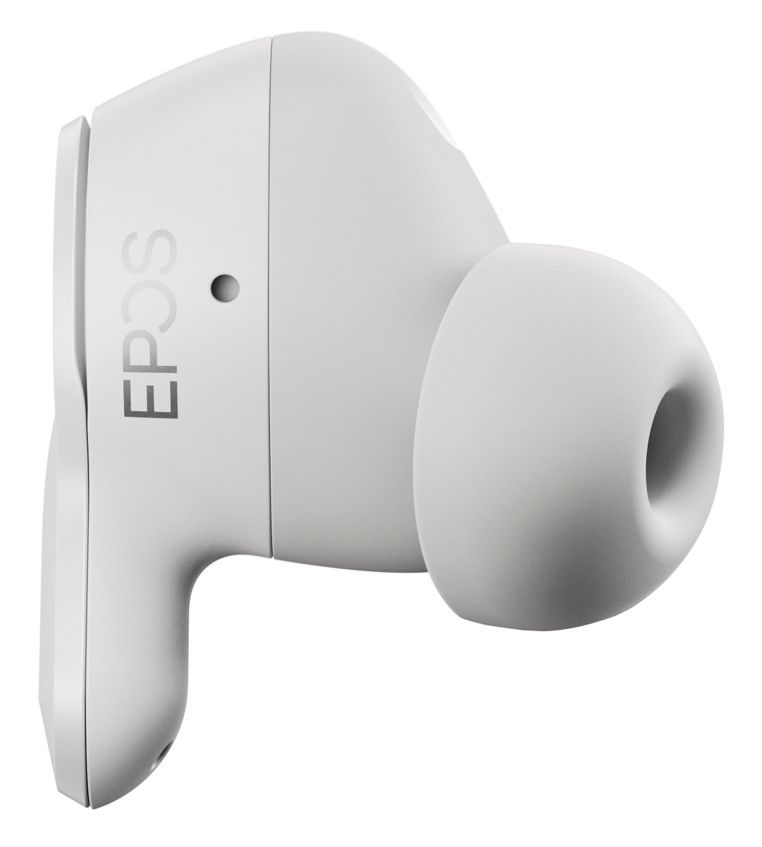 Zijkant van het linker EPOS Adapt E1 Nordic White draadloos Bluetooth oortje met de eartip en het EPOS logo