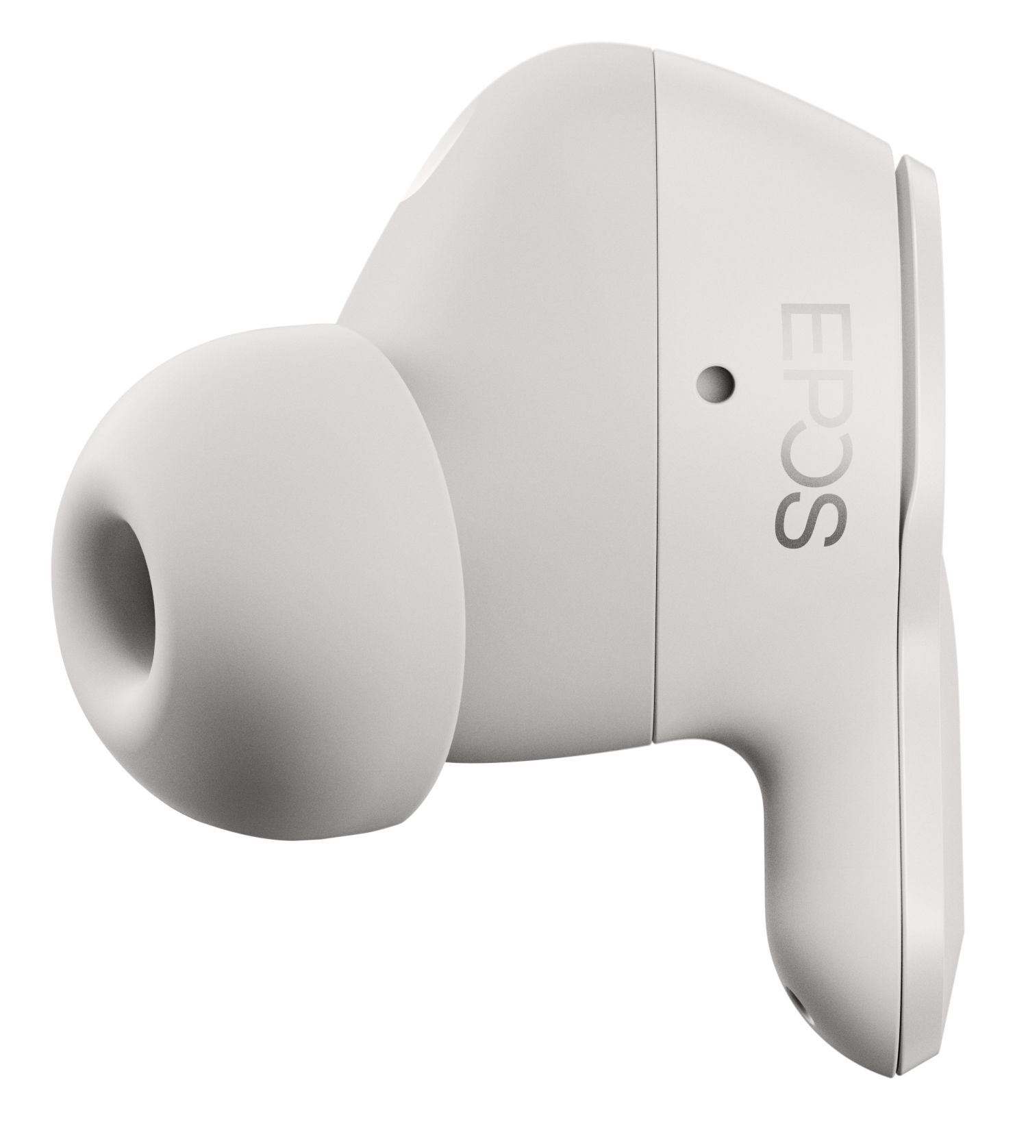 Rechter EPOS Adapt E1 Nordic White draadloos Bluetooth oortje vmet de eartip en het EPOS logo