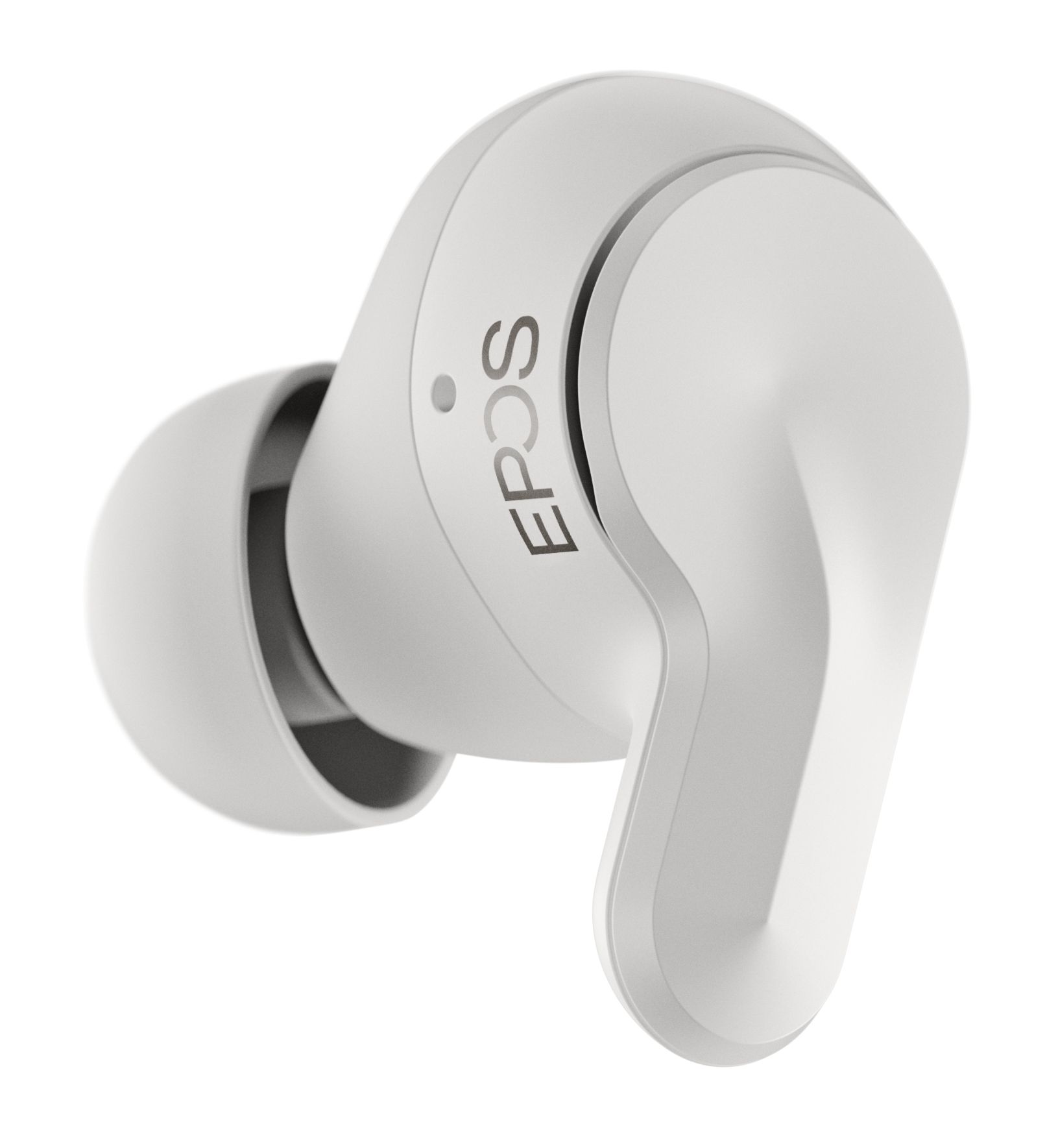 Linker EPOS Adapt E1 Nordic White draadloze Bluetooth oortje met de eartip naar links en het EPOS logo zichtbaar
