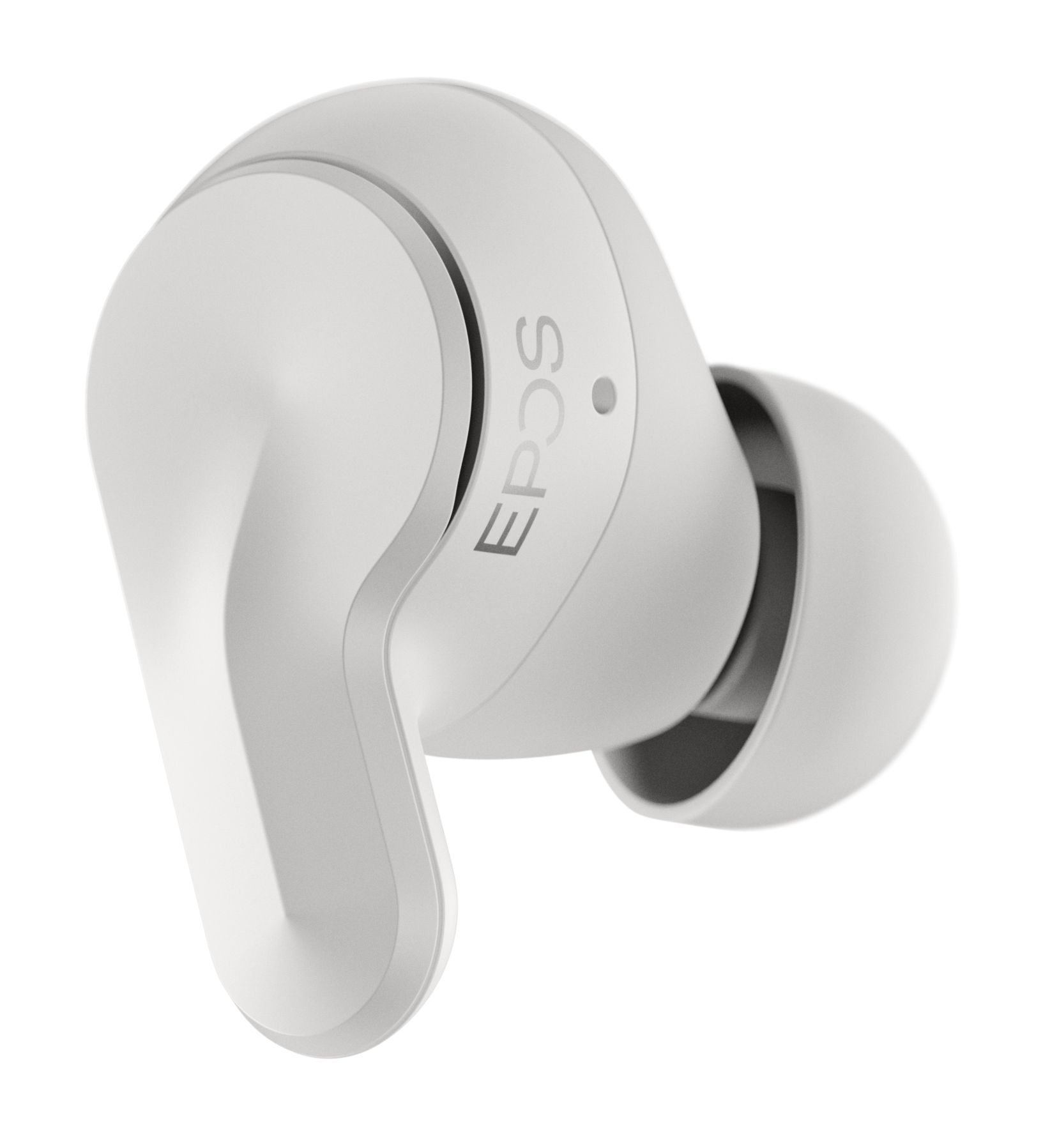 Het EPOS Adapt E1 Nordic White draadloze Bluetooth oortje met de eartip naar rechts en het EPOS logo zichtbaar