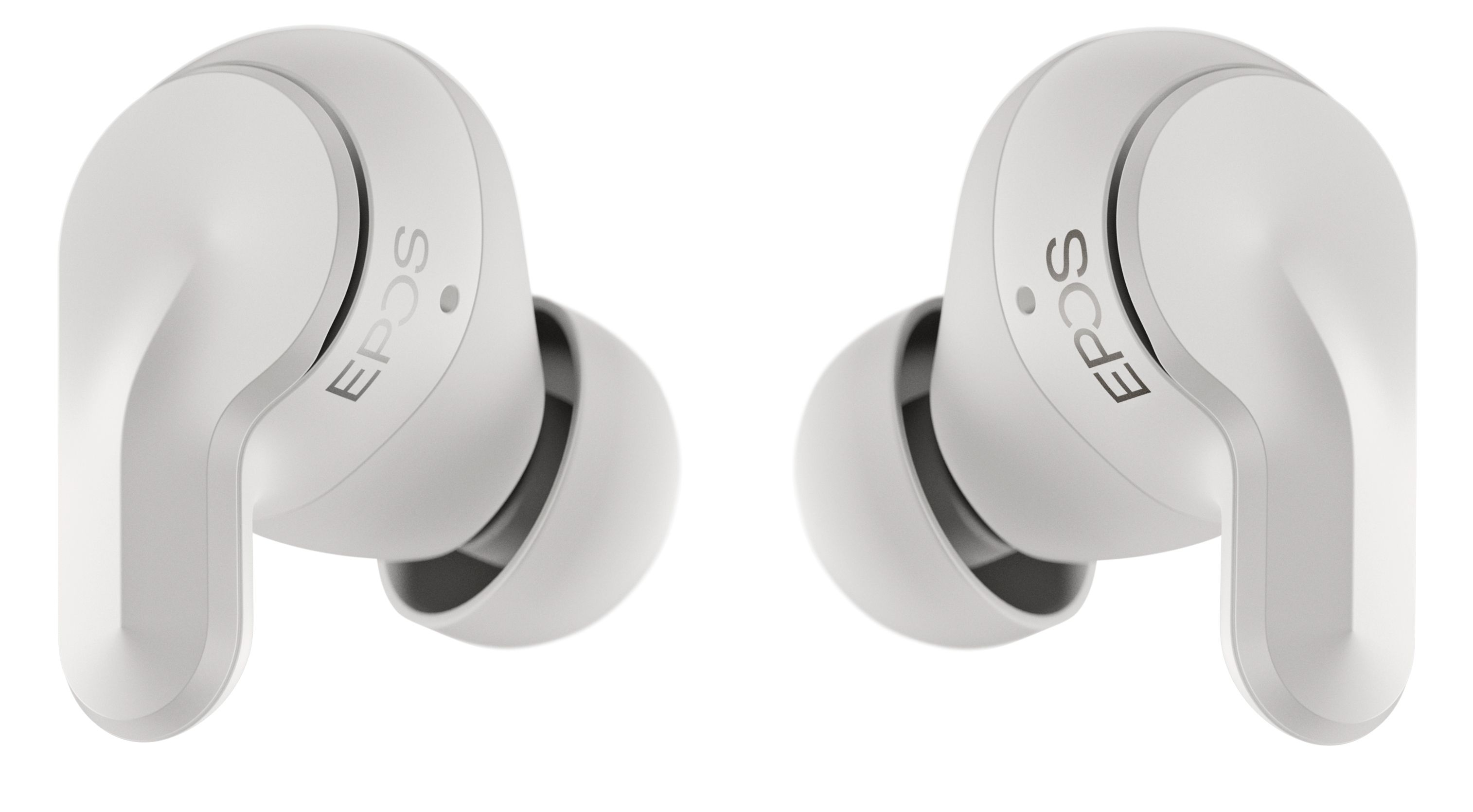 De EPOS Adapt E1 Nordic White draadloze Bluetooth oortjes voor professionals met de eartips naar elkaar toe gedraaid