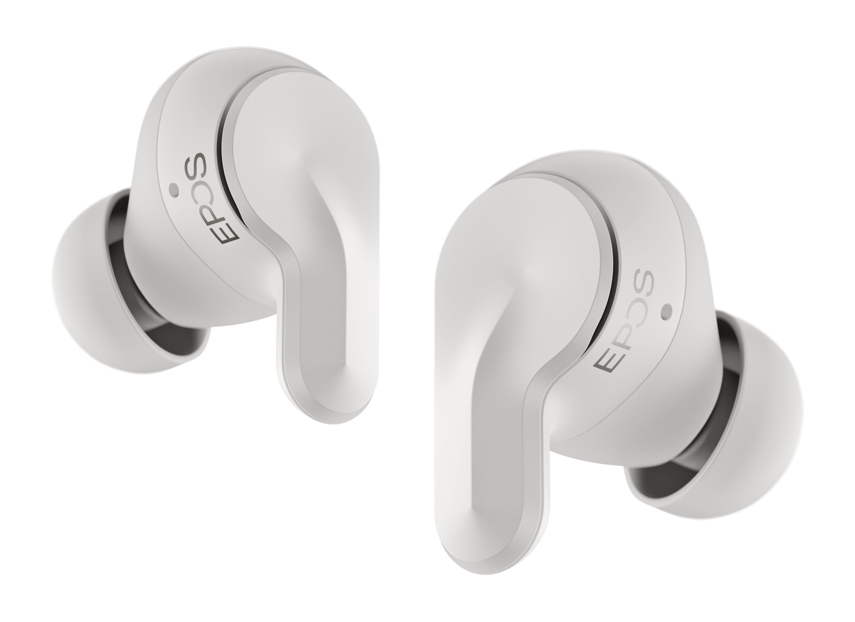 Twee EPOS Adapt E1 Nordic White draadloze Bluetooth oortjes voor professionals van de zijkant