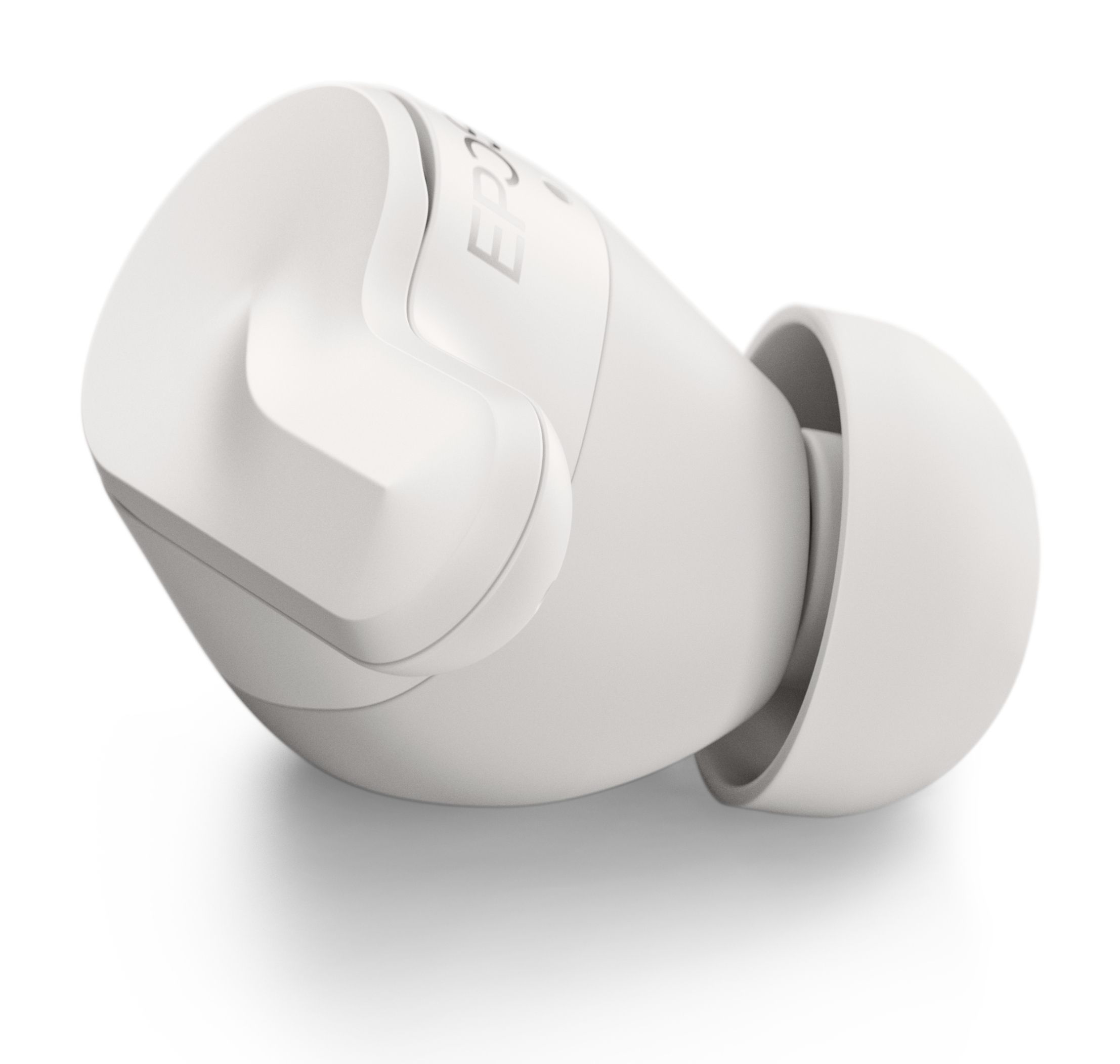 Het EPOS Adapt E1 Nordic White draadloze Bluetooth oortje liggend op de zijkant