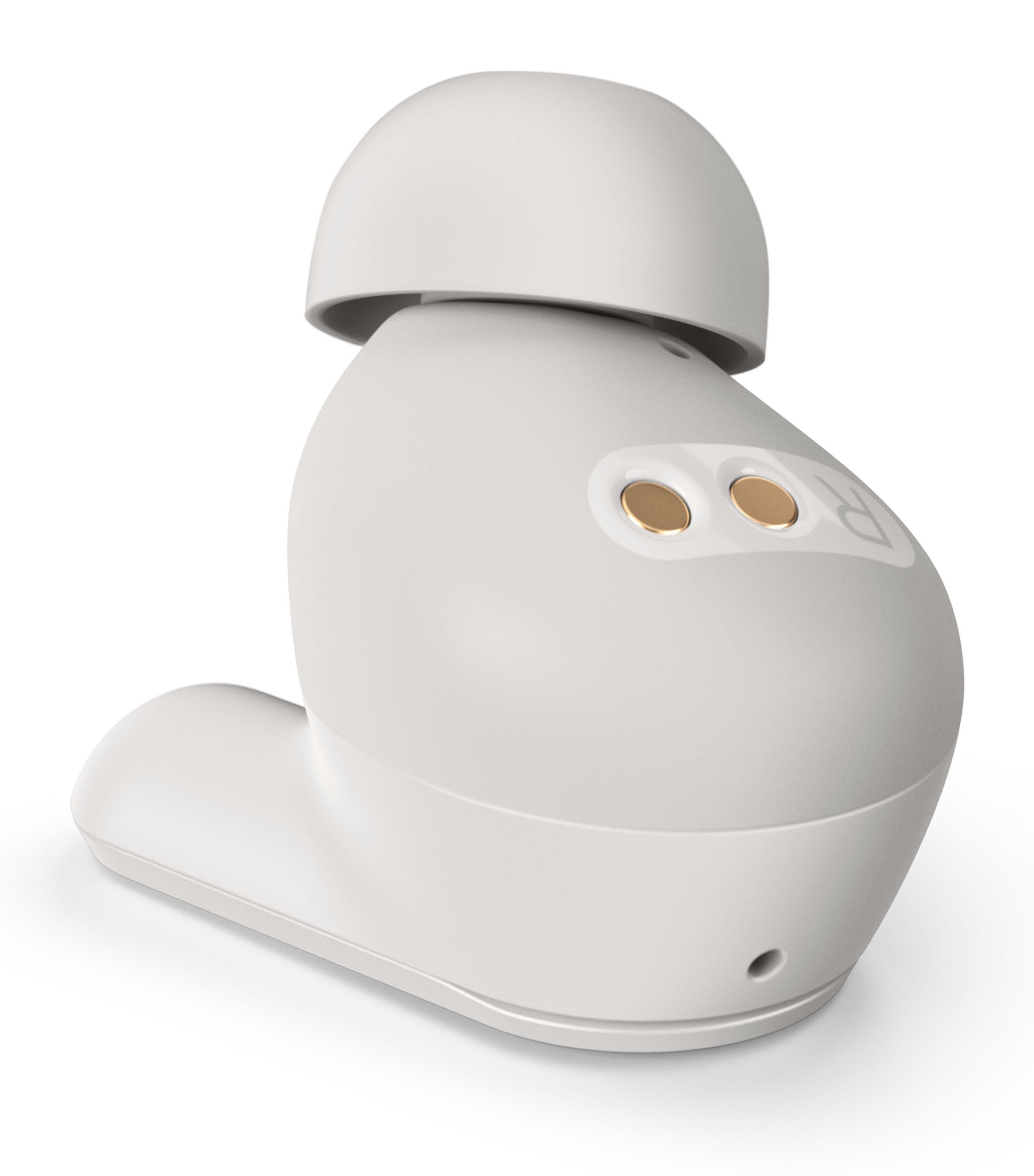Het EPOS Adapt E1 Nordic White draadloze Bluetooth oortje liggend op de buitenkant met de eartip omhoog