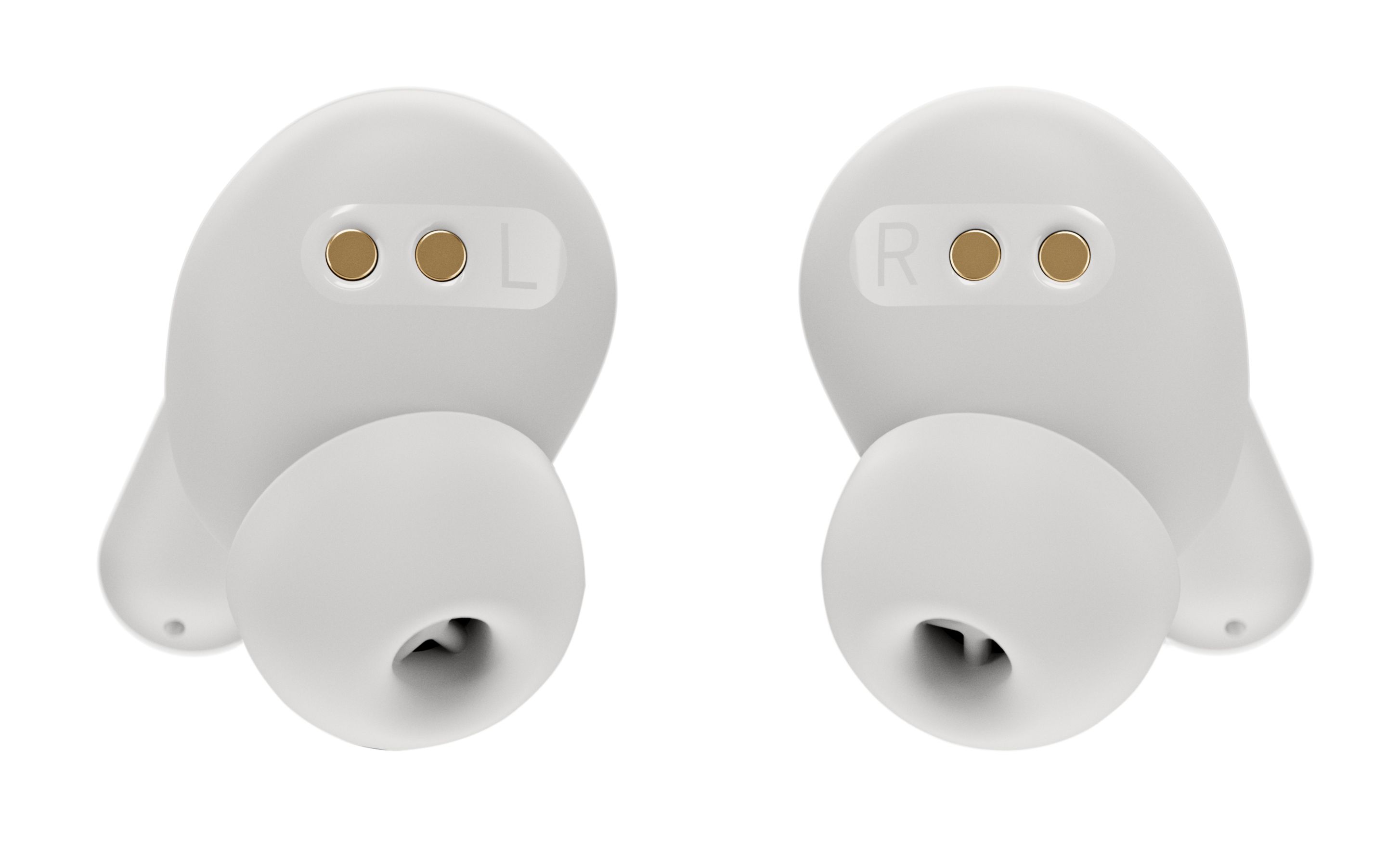 De binnenkant van de EPOS Adapt E1 Nordic White draadloze Bluetooth oortjes met eartips en oplaadconnector en links en rechts aanduiding