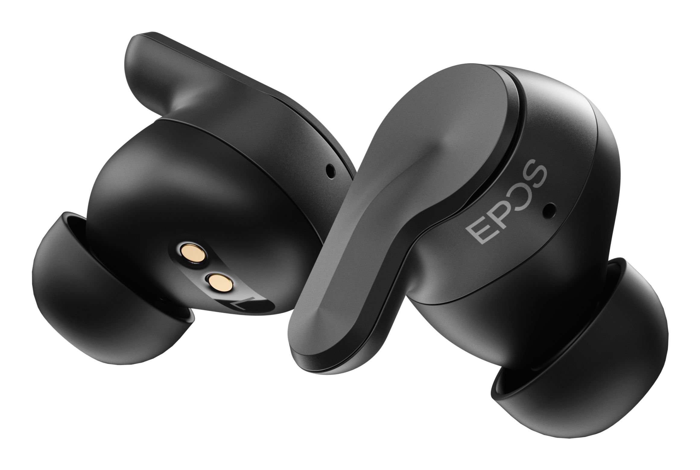 De losse EPOS Adapt E1 Scandinavian Black draadloze Bluetooth oortjes voor professionals met het oplaadpunt en logo zichtbaar